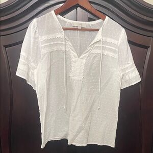 LOFT White Textured Blouse with Lace Detail